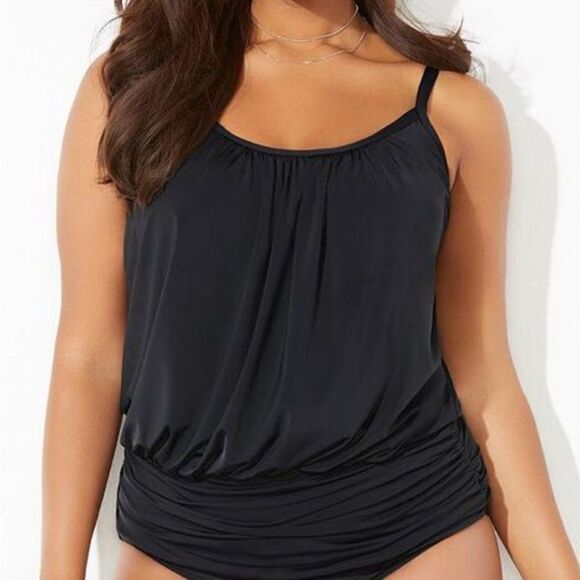 Black Blouson Tankini Underwire Built In Bra Vacation Coastal Swim Tank Top - Picture 1 of 9